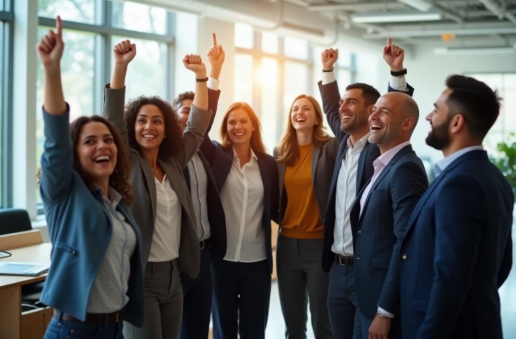 Diverse group of professionals celebrating success in a modern office setting